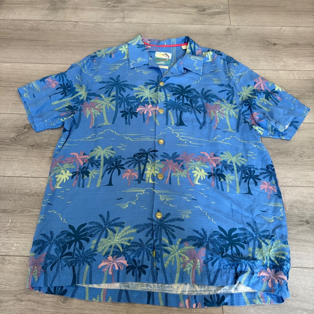 Tommy Bahama Island Modern Fit Blue Palm Tree Silk Aloha Shirt Mens Large L